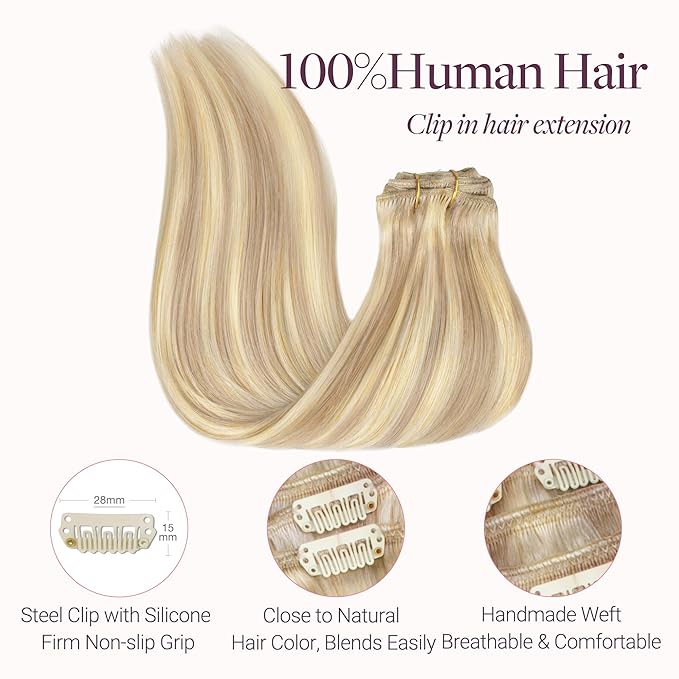 GOO GOO Clip in Hair Extensions Real Human Hair, Remy Human Hair Extensions Clip ins for Women, Natural Human Hair, 20inch 120g 7 Pcs, #18F/60A Balayage Light Wheat Platinum Blonde