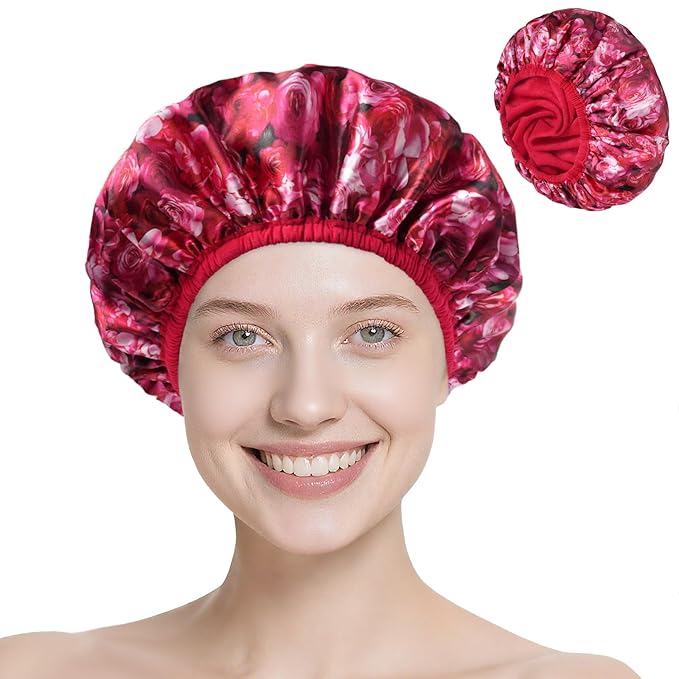 Upgraded Waterproof Terry Shower Caps, Reusable Shower Cap for Women with Long Hair, Soft Absorbent Hair-Protecting Towel Lining Bath Cap, Large Leak-Proof Hair Cap with Fashionable Print Outer-Red