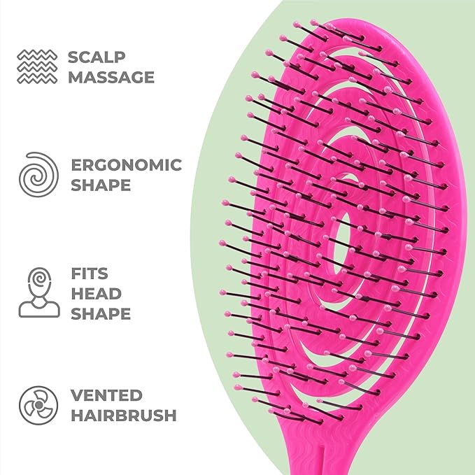 Ninabella Spiral Hairbrush - Detangle Hair Brush - For Brushing Wet or Blow Dry Hair - Detangler Vent Brush - Neon Pink