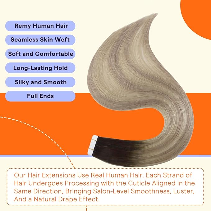 Full Shine Tape in Extensions Human Hair 14 Inch Human Hair Extensions Tape in Color 2 Fading to 18 Ash Blonde Highlight 60 Blonde Invisible Remy Tape Ins Human Hair Extensions 20PCS 50g for Party