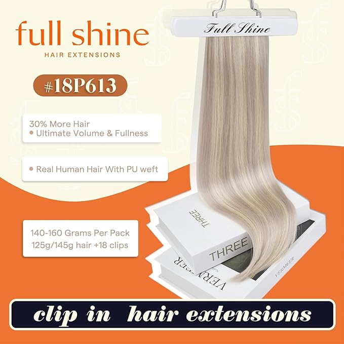 Full Shine Clip in Hair Extensions 20 inch 150g 8Pcs Seamless Clip ins Human Hair Ash Blonde Highlight Bleach Blonde Remy Hair Clip ins for Women