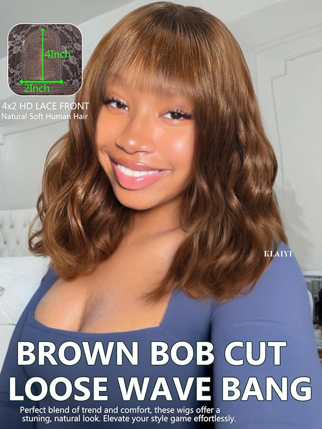 KLAIYI Brown Bob Wig Human Hair with Bangs Loose Body Wave Glueless 4x2 HD Transparent Lace Closure Chestnut Chocolate Brown with Highlight Blonde Ready to Wear and Go Beginner Wigs Pre Plucked 14Inch