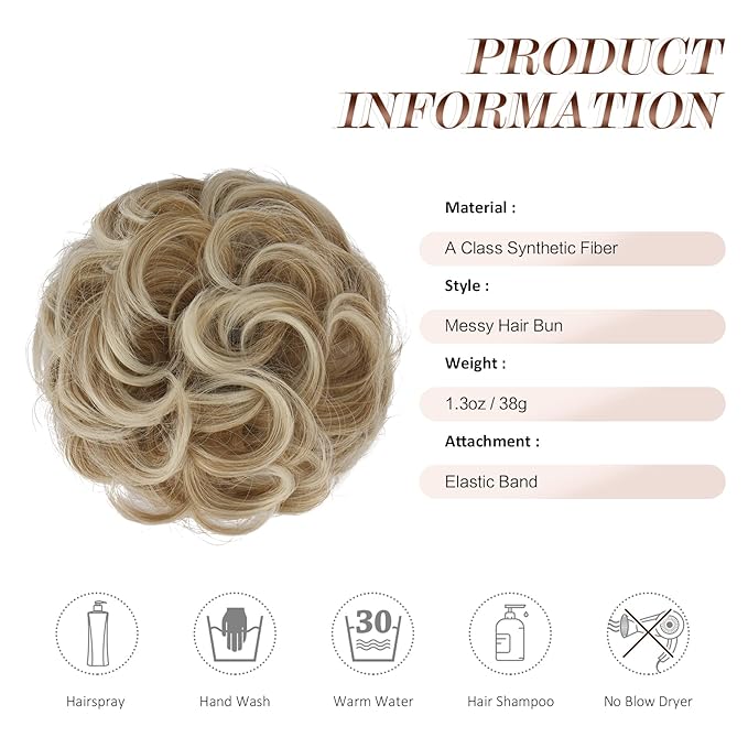 FESHFEN Messy Bun Hair Piece - Elastic Wavy Curly Hair Bun Scrunchies Extensions Synthetic Chignon Hairpieces for Women Girls, Strawberry Blonde & Platinum Blonde Tips 1.5 oz