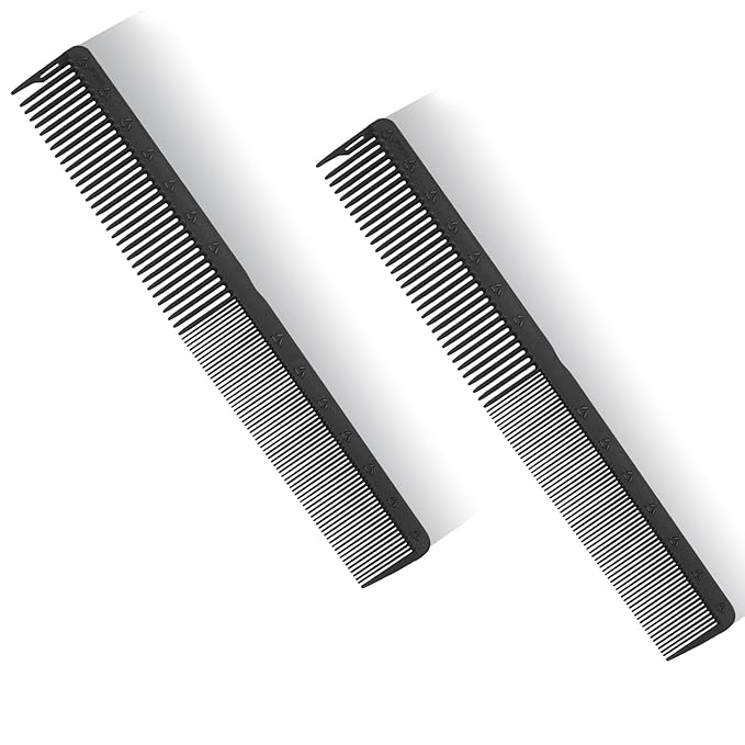 PERFEHAIR 2-Pack Professional Round Tooth Hair Cutting Comb - 7.4 Inch, Black Carbon Fiber Anti-Static & Heat Resistant, Durable Barber Combs with Fine & Wide Tooth for Precise Haircut for Men & Women