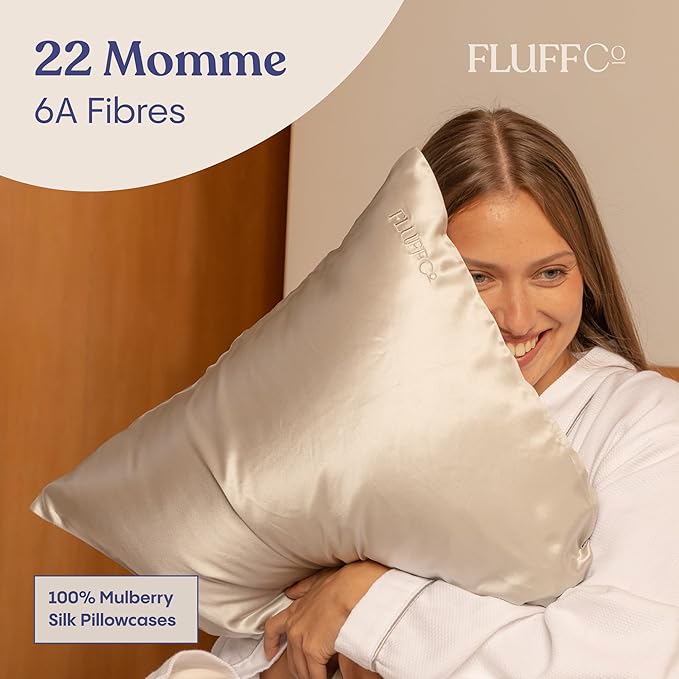 FluffCo 100% Pure Mulberry Silk Pillowcase - King Size | Luxurious Cooling Pillowcase for Hair & Skin Care | 22 Momme Natural Silk Body Pillowcase for Standard US Bedding (White)