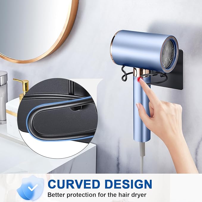 Blow Dryer Holder Wall Mounted, Hair Dryer Holder Stand for Most Hair Dryers Organizer and Storage, Self Adhesive Hairdryer Hanger Rack for Bathroom and Cabinet, Black