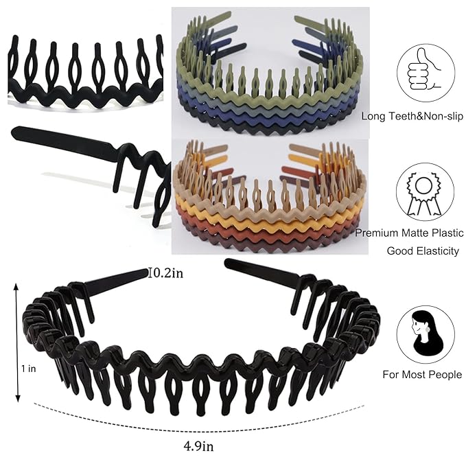 LAPOHI 10 PCS Non Slip Fashion Effortless Plastic Headbands with Teeth Comb Skinny Hair Bands for Women Men Teen Girls, Long Teeth Morandi