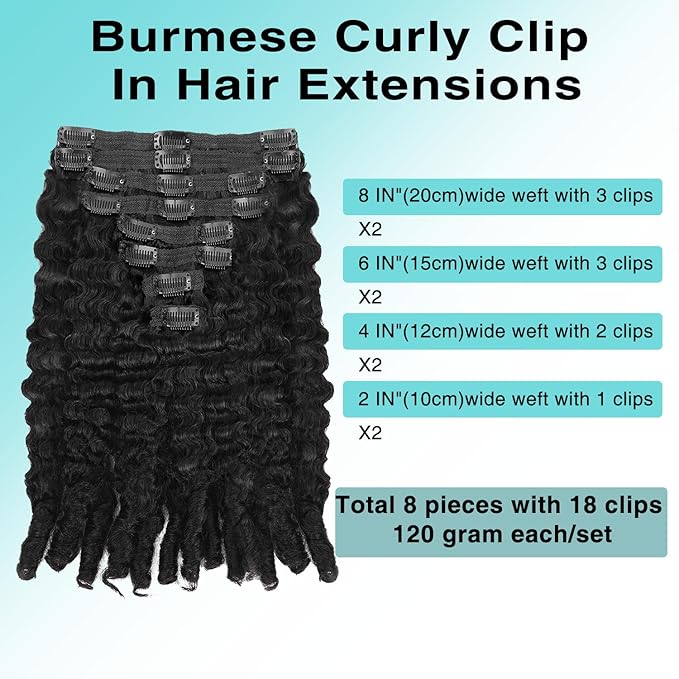 Burmese Curly Clip In Hair Extensions Real Human Hair 8pcs 120g/Set Spirally Curly Classic Clips Ins Full Head For Black Women 24 Inch Natural Black