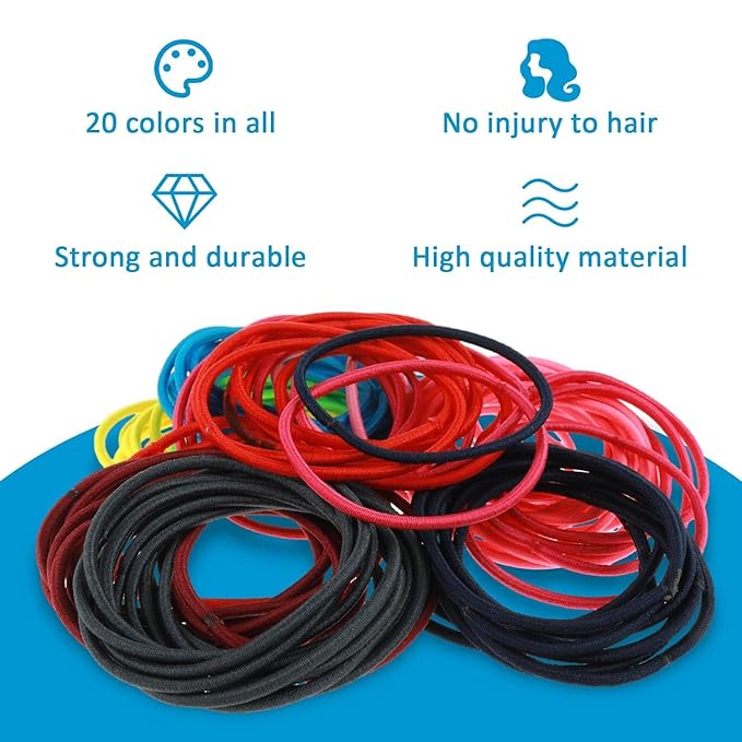 200 Pcs 2mm Elastic Hair Ties Colorful Rubber Bands For Hair Pony Ponytail Holders Hair Ties 2mm In 20 Colors Elastic Bands For Women, Girls, Medium To Thick And Curly Hair