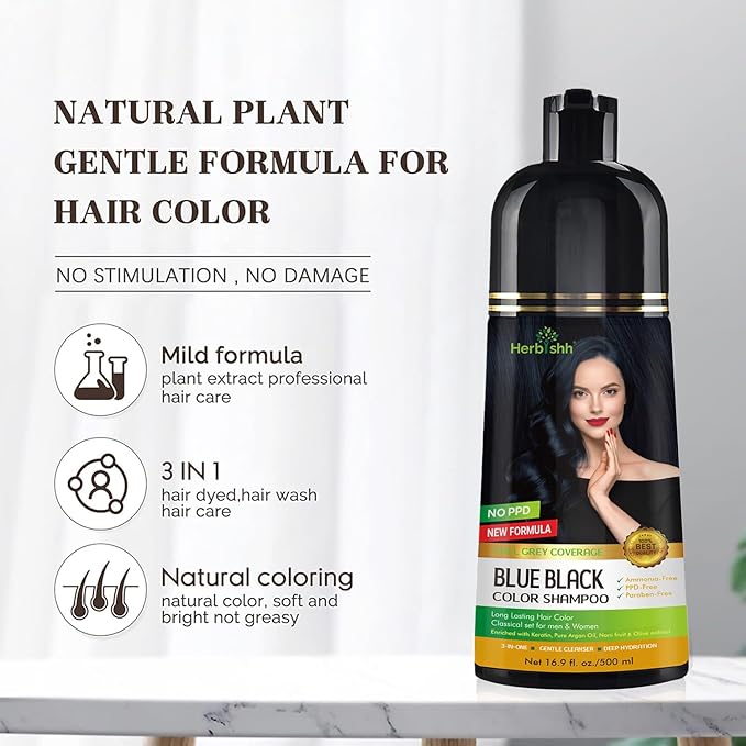 Herbishh Blue Black 3 In 1 Hair Dye Shampoo 16.9 Fl Oz & Argan Oil Mask 28.2 Fl Oz Combo - Champu Para Canas Mujer - Hair Dye Shampoo for Men & Women - Hair Mask For Moisturizer Dry, Damaged Hair