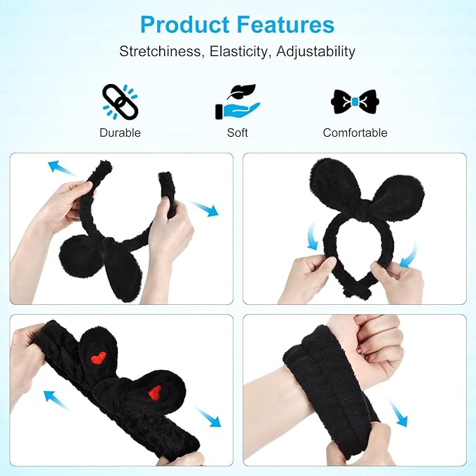 4Pack Headband and Wristband Set for Washing Face, Spa Skincare Makeup Headband, Soft Puffy Hair Band Bow Tie, for Women and Teen Girl Trendy Stuff Gifts
