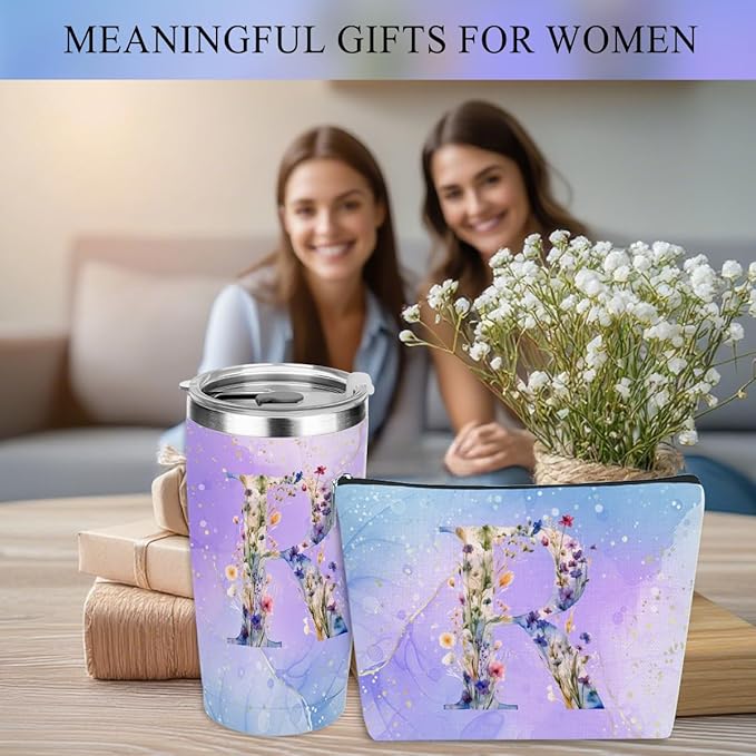 Personalized Gifts Monogrammed Birthday Gifts for Women, New Mom, Grandma Thank You Christmas, Initial 20 oz Tumbler, Makeup Cosmetic Bag Cup Pens Journal Notebook 6 Set, (Aesthetic Purple Flower R)