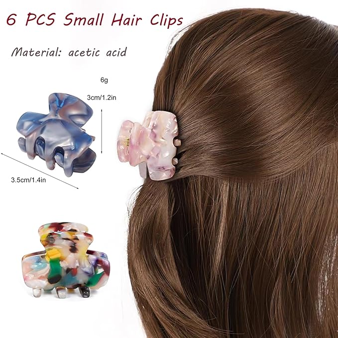 Small Hair Clips for Women,1.4" Acetate Hair Claw Clips, Strong Hold Nonslip Half-Up Jaw Clip, French Hair Accessories Birthday Thanksgiving Christmas Gift for Girls Mother Daughter Thin Thick (6 PCS)