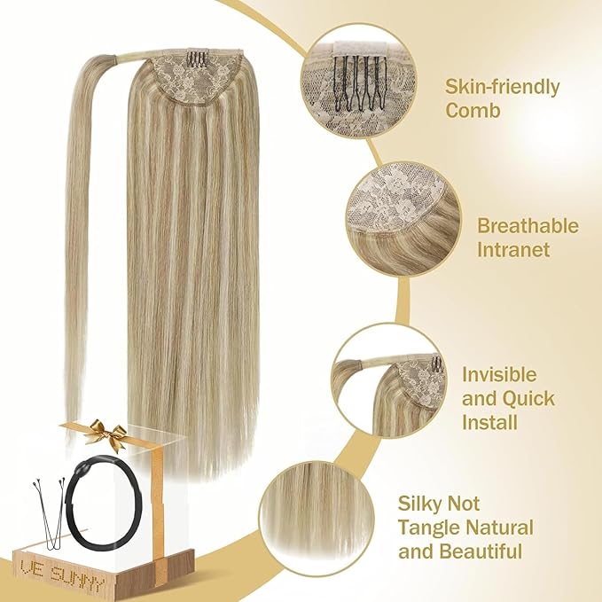 Ve Sunny Hair Extensions Ponytail Real Human Hair Wrap Around Clip in Ponytail Hair Extensions Straight Extensions Human Hair for Women Dark Golden Blonde Highlights 16inch 80G