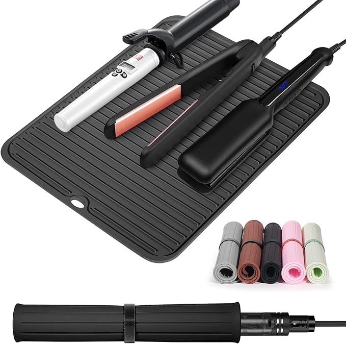 Quccefods Large Heat Resistant Silicone Mat for Hair Tools: Curling Iron, Flat Iron, Hair Straightener - Portable Hair Styling Pad Cover