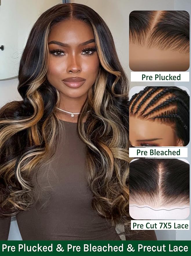 KLAIYI Ombre Highlight Blonde Loose Body Wave Bye Bye Knots Glueless Wigs Human Hair 7x5 Precut Lace Front Pre Plucked Bleached Ready to Wear Go Wig with Face Framing Curtain Bang Caramel Brown 20Inch