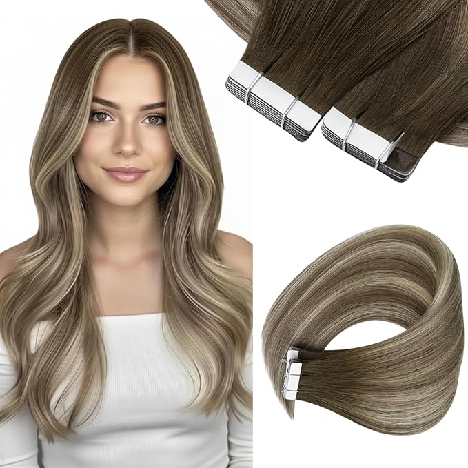 Sunny Hair Tape in Hair Extensions Human Hair,Balayage Brown with Blonde Hair Extensions Tape in 14 Inch Real Human Hair Tape in Extensions 40Pcs 100g