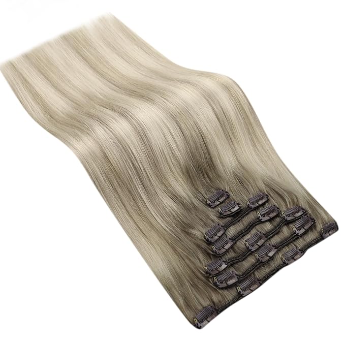 Ve Sunny Clip in Hair Extensions Ombre Remy Hair Extensions Clip in Extensions Real Human Hair for Women Short Ash Grey Balayage Platinum Blonde 5pcs 80g 12 inch