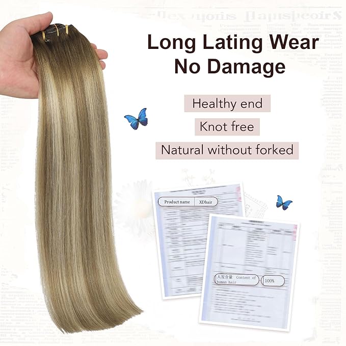 XDhair Human Hair Clip in Hair Extensions 22 Inch 6pcs 120g Balayage Color 3 Darker Brown to 8 Ash Brown and 22 Golden Blonde Double Weft Clip in Hair Extensions(22”, 3/8/22)