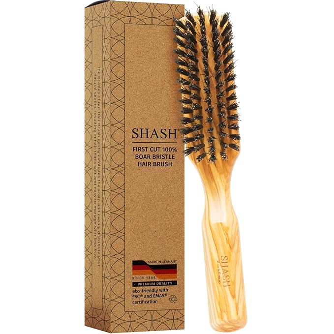 SHASH 100% First Cut Boar Bristle Hair Brush, Suitable For Thin To Normal Hair - Naturally Conditions Hair, Improves Texture, Exfoliates, Stimulates, Made in Germany