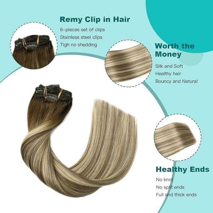 SURNEL Clip in Extensions Human Hair Balayage Walnut Brown to Ash Brown and Golden Blonde Clip in Hair Extensions 20inch 120g 6pcs(#3/8/22,20'')