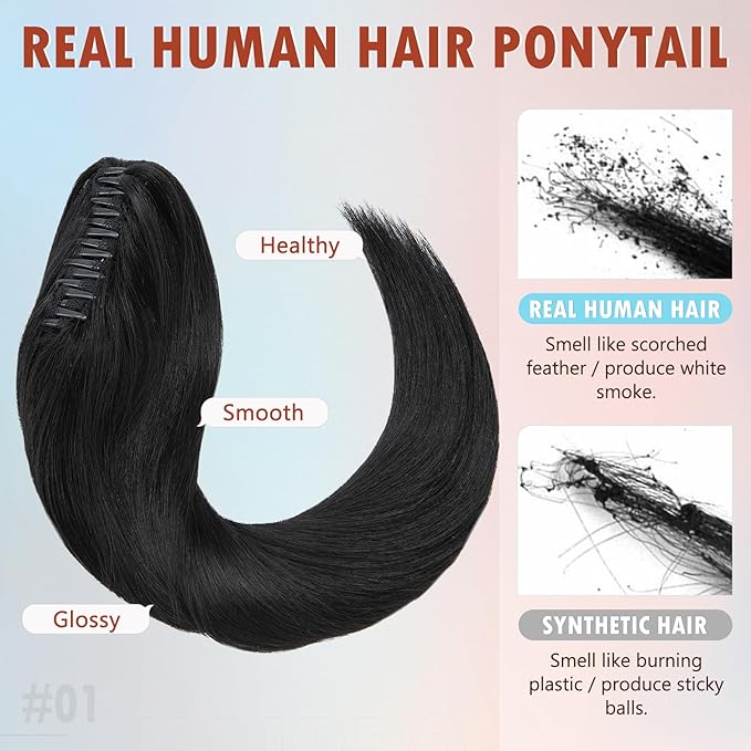Hairro Claw Clip In Ponytails Extensions Jaw On Real Hair Ponytail Long Jaw/Claw Pony Tail With Clips Hairpieces For Women 20 Inch 120g #01 Dark Black
