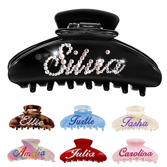 Personalized Colorful Name Hair Claw Clips for Women,Custom Hair Clips with Diamond,Cute Hair Accessories 4",Handmade Rhinestones Hair Clamp Gifts for Mom,Bride,Wife,Bridesmaid,Couples（Black）