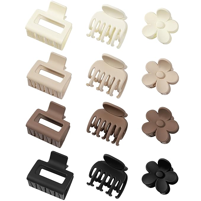 3 Styles Matte Hair Clips for Women 12 PCS Small Medium Claw Clips for Thin Thick Hair 2'' Rectangle Hair Claws 1.5'' Double Row Small Claw Clips Flower Clips Combination | Hair Accessories for Women