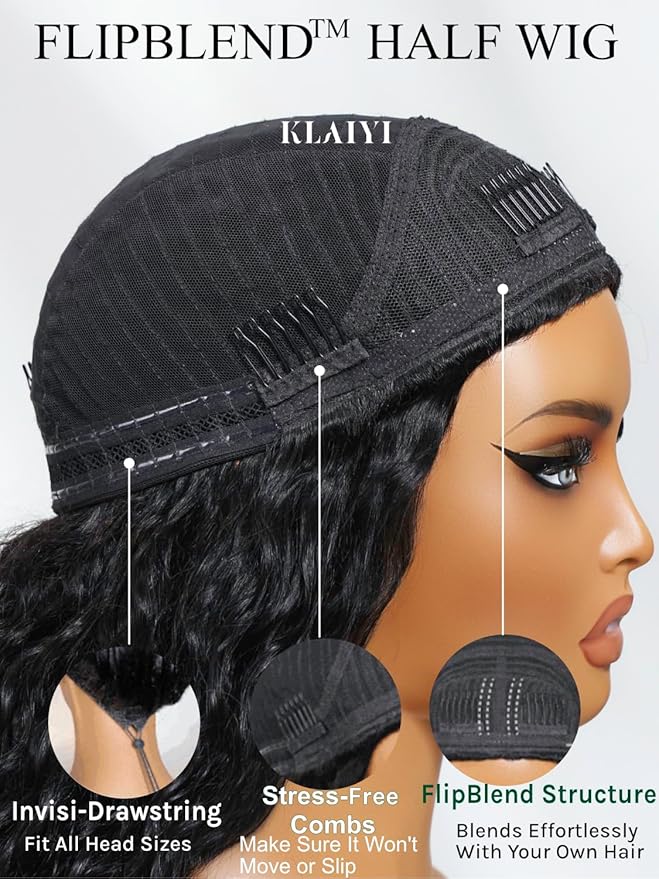 KLAIYI Water Wave 3 In 1 Flip Over 3/4 Half Wig Human Hair Curly Flip Over Seamless Blend Edges Glueless Wear and Go Drawstring Headband Clip In Wigs for Women Ready to Go Wig Beginner Friendly 16Inch