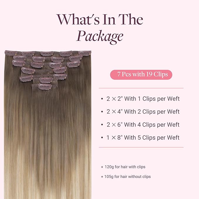 GOO GOO Clip in Hair Extensions Real Human Hair, Remy Human Hair Extensions Clip ins for Women, Natural Human Hair, 14inch 120g 7 Pcs, #9/18J/60 Chocolate Brown to Champagne Blonde Balayage