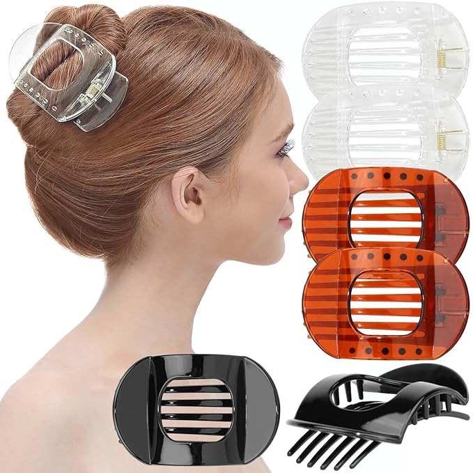 RC ROCHE 6 Pcs Flat Claw Hair Clips for Women Thick Hair French Round Duckbill Square Secure Strong Hold Grip Clamps Barrettes Curved No Slip No Crease Styling Cute, Medium Black, Brown & Transparent