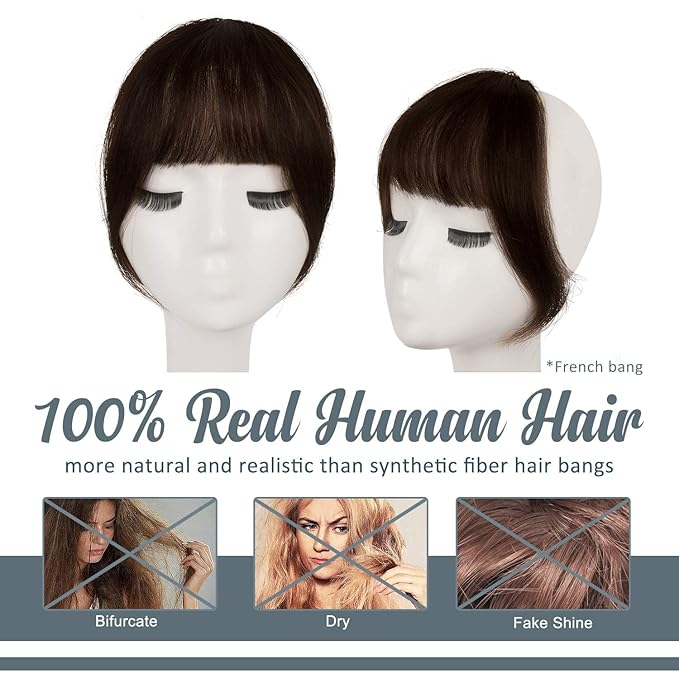 BARSDAR Human Hair Clip in Bangs - Real Human Hair Clip in Bangs for Women - Brown French Bangs Hairpieces Fringe with Temples Real Hair Bangs Extensions - Dark Auburn Brown
