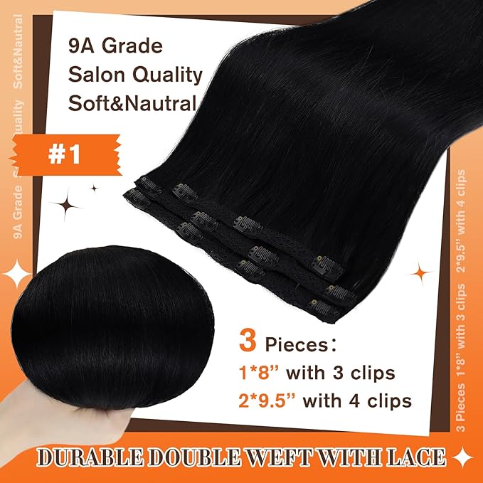 Full Shine Clip in Human Hair Extensions 18 Inch Invisible Clip in Hair Extensions with Lace Weft Jet Black Straight Hair Longevity 3 Pcs 60 Grams
