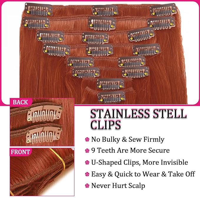 Copper Human Hair Clip in Extensions Colorful 8pcs 120g Seamless Clip in Hair Extensions Ginger Real Hair Extensions Clip Ins Human Hair for Women Soft Straight Extensions Thick End 22inch