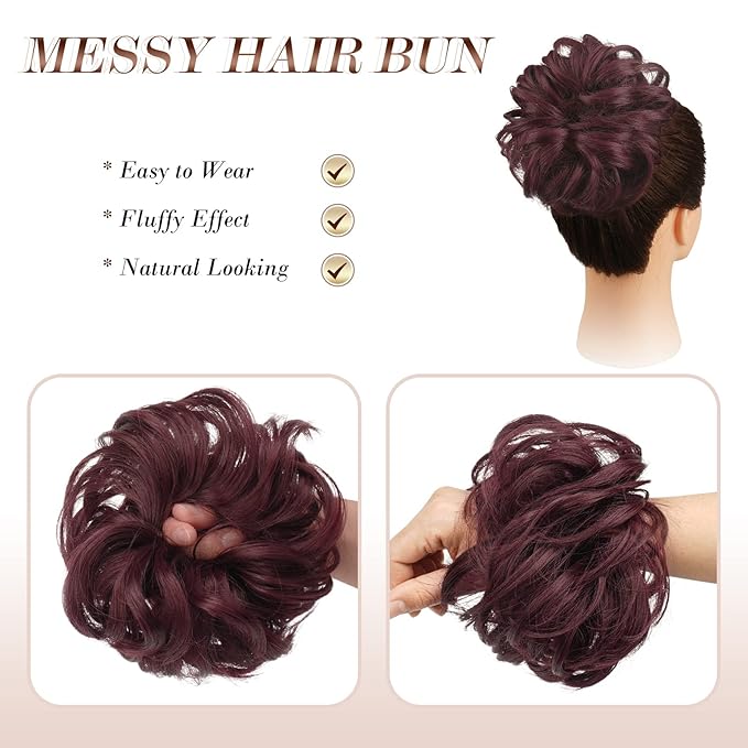FESHFEN Messy Bun Hair Piece - Elastic Wavy Curly Hair Bun Scrunchies Extensions Synthetic Chignon Hairpieces for Women Girls, Wine Red 1.5 oz