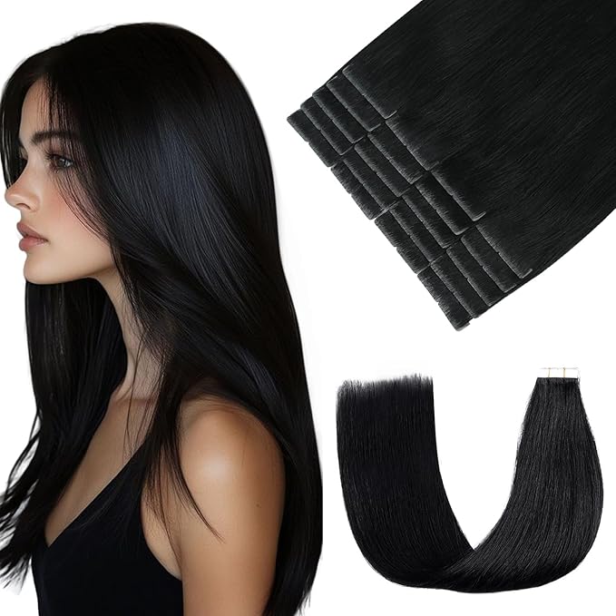 Pinkpearl Invisible Tape in Hair Extensions Human Hair, 20pcs 20inch 55g #1 Jet Black Injection Tape in Extensions Real Remy Straight Seamless Silky Human Hair Injected