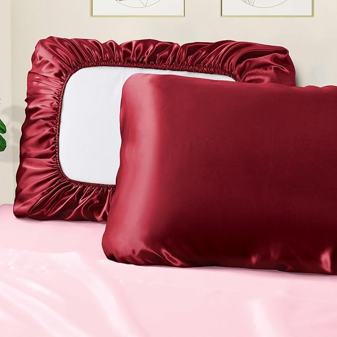 Manyshofu Satin Pillowcases for Hair Protection - 1Pcs Maroon Pillow Cases, Elastic Band Standard & Queen Satin Pillowcases Luxury Silky Pillow Cases Travel Pillow Covers