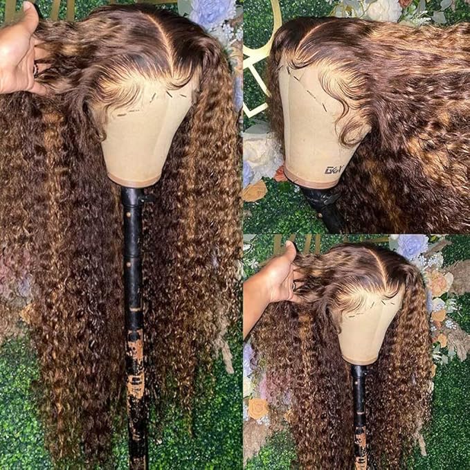 bangjazz 22 Inch Highlight Ombre Lace Front Wig Human Hair Deep Wave 13x4 HD Lace Frontal Wigs Human Hair 180% Density P4/27 Colored Curly Wigs for Women Human Hair Glueless Pre Plucked Wig