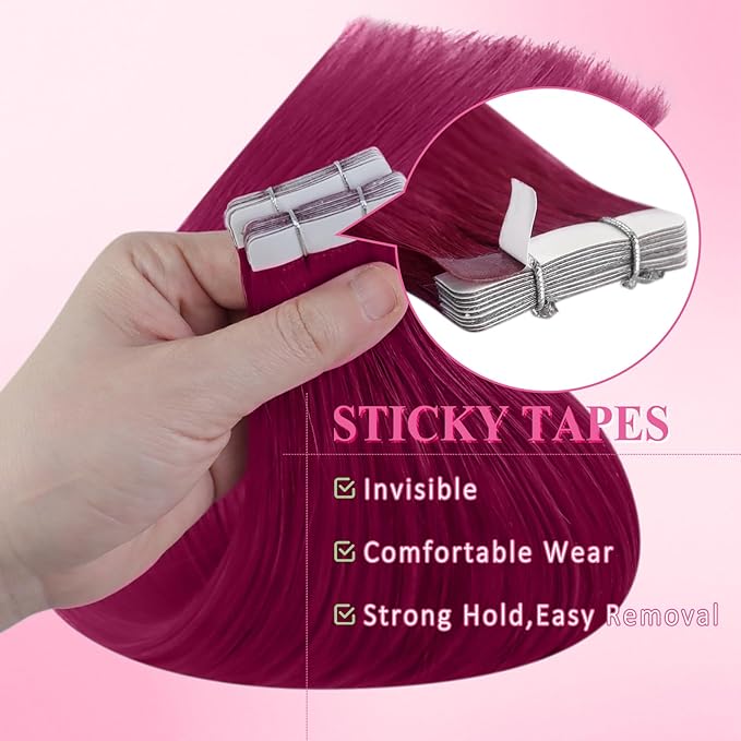YoungSee Tape in Hair Extensions Magenta Human Hair Tape in Extensions Rosein 16 Inch Tape Ins Human Hair Extension Colored 10pcs 25g for Cosplay