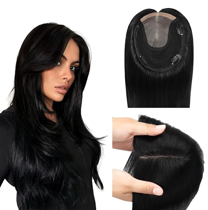 WORLDSTAR Hair Toppers for Women Real Human Hair No Bangs 6 * 7 Inch Base 16 Inch 75g #1 Jet Black 360°3D for Thinning 150% Density Hairpieces Long Coverage Wiglet for Daily Use (tp#1-16