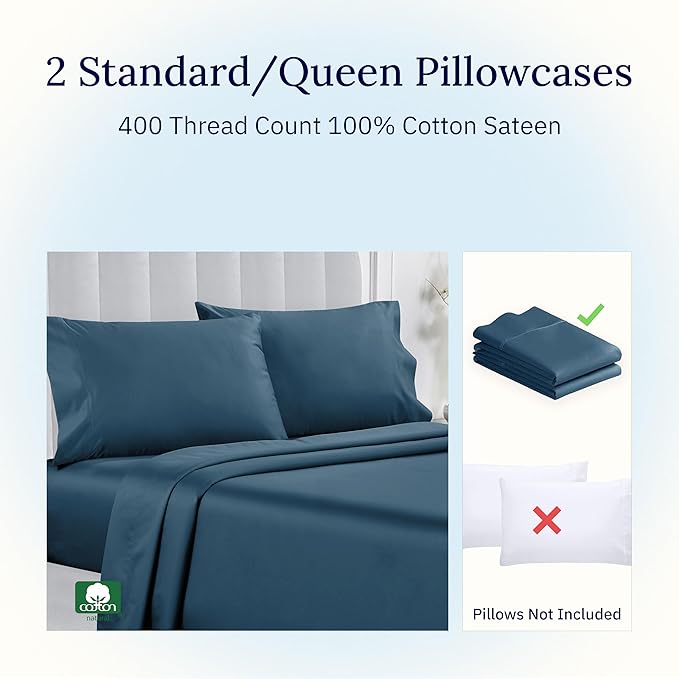 California Design Den Standard Queen Size Pillowcase Set - 400 Thread Count, 100% Cotton Sateen, Set of 2 Pillow Covers, Soft and Breathable - Peacock Blue