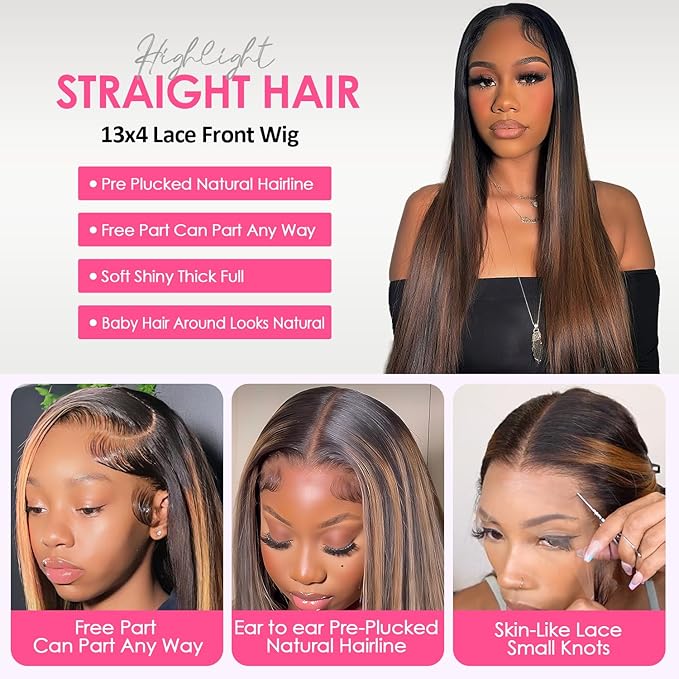 32 Inch Highlight Ombre Lace Front Wig Human Hair Straight Wigs Human Hair 13x4 Pre Plucked 1B/30 Black with Brown Highlight Wig 200% Density Colored Glueless Wigs for Women
