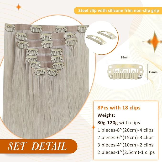 Full Shine Seamless Hair Extensions Clip in White Blonde Extensions Clip in Straight Real Human Hair for Women with PU Weft Full Head 16 Inch 120 G 8 PCS