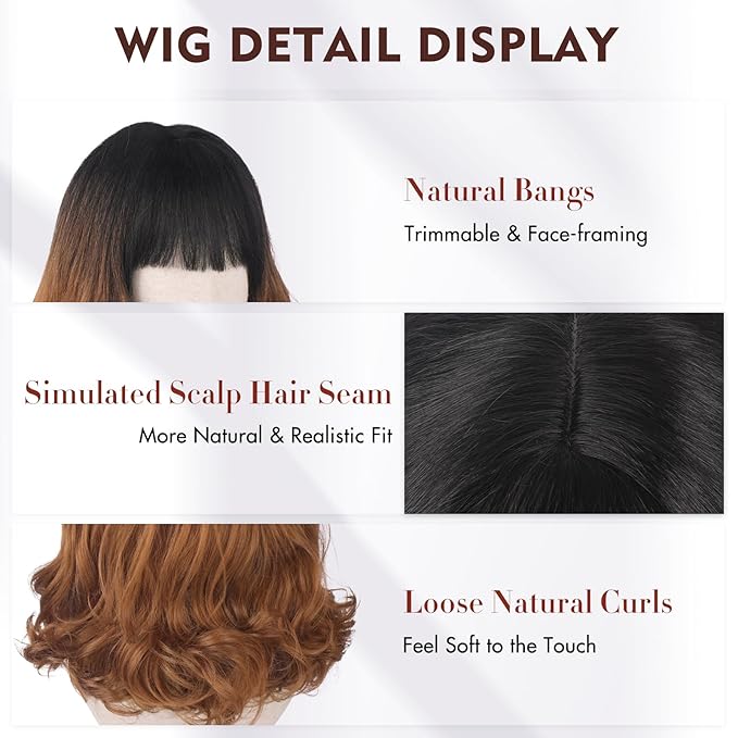 Wig with Bangs for Women | 16 Inch Layered Body Wave Synthetic Wig | Heat Resistant Yaki Fiber Natural Looking Shoulder Length Wigs | Synthetic Wig for Daily Wear - Ombre Black to Copper Brown