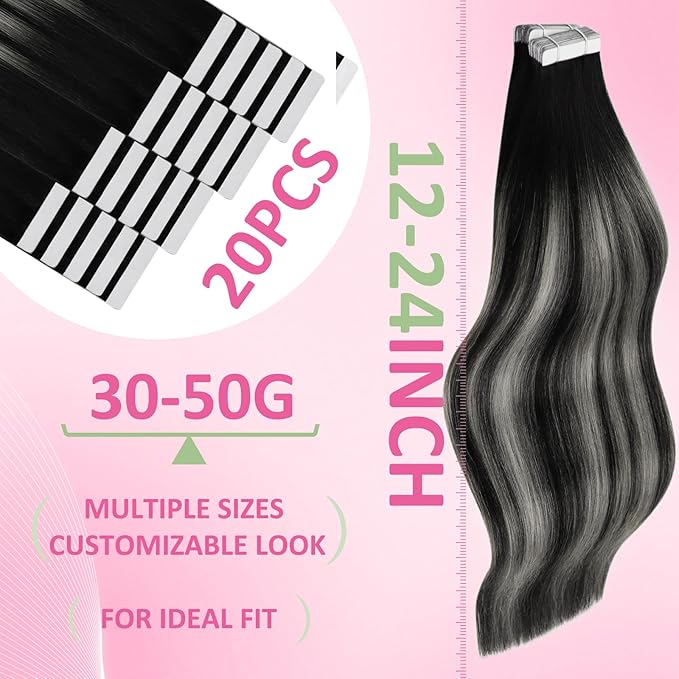 YoungSee Human Hair Tape in Extensions Black Ombre Invisible Tape-in Natural Hair Extensions Ombre Black to Silver Tape ins Hair Extension for Women 16 In 50g 20pcs Extensiones Adhesivas Pelo Humano