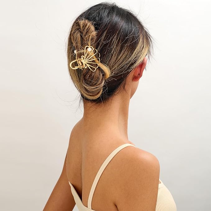 Gold Pearl Hair Clip for Women Double Row Small Claw Clips for Thin/Medium Fine Hair - Nonslip Jaw Clips