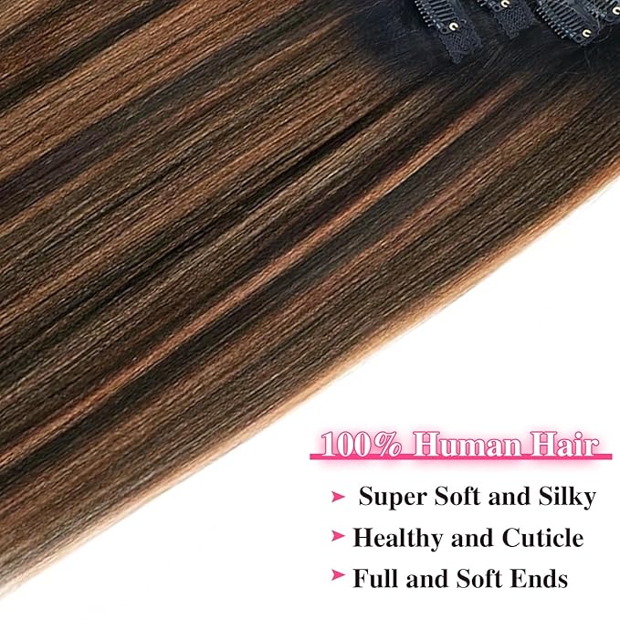 Yaki Straight Clip ins Real Human Hair Extensions For Women Highlight Hair Extensions Yaki Straight Clip in Hair Extensions(14inch,T1BP1B/30)