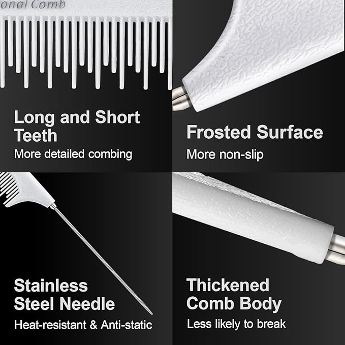 Rat Tail Combs for Parting, Protable Retractable Rat Tail Comb, Parting Combs for Hair Stylist, Fine Tooth Teasing Comb Stainless Steel Pin Tail, Easy to Carry (White)