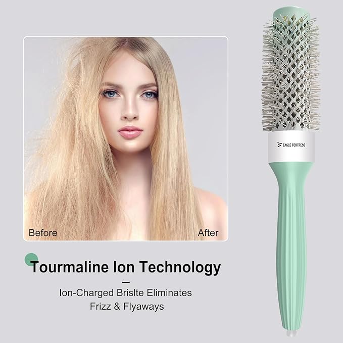Eagle Fortress Round Brush for Blow Out, Thermal Ceramic Hair Brush for Blow Drying with Ionic Bristle for Professional Blowout Brushing - Green, 32mm