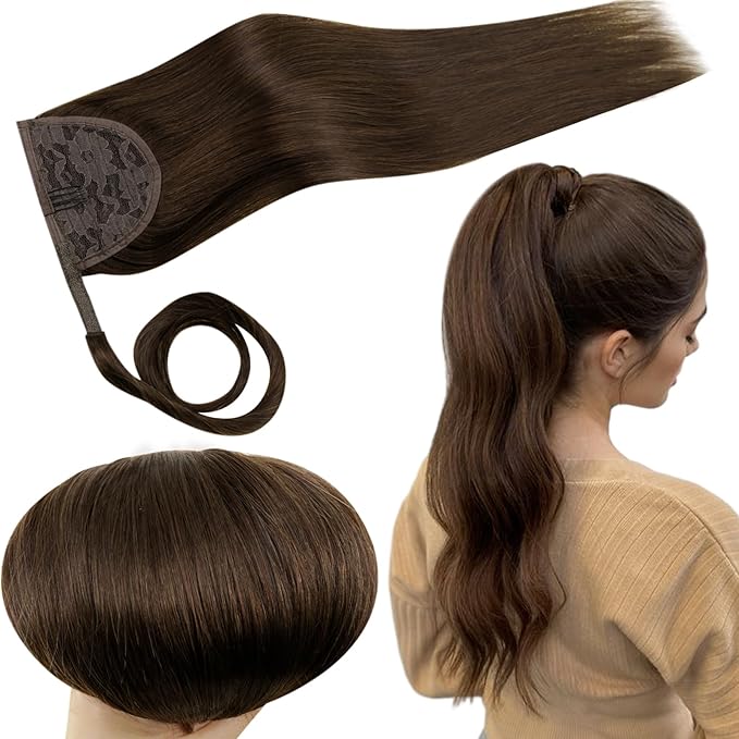 RUNATURE Human Hair Ponytail Extension Brown Straight Ponytail Hair Extensions Ponytail Extension Short Wrap Around Ponytail Human Hair Extensions Thick Pony Tails Hair Extensions 12 Inch 70g